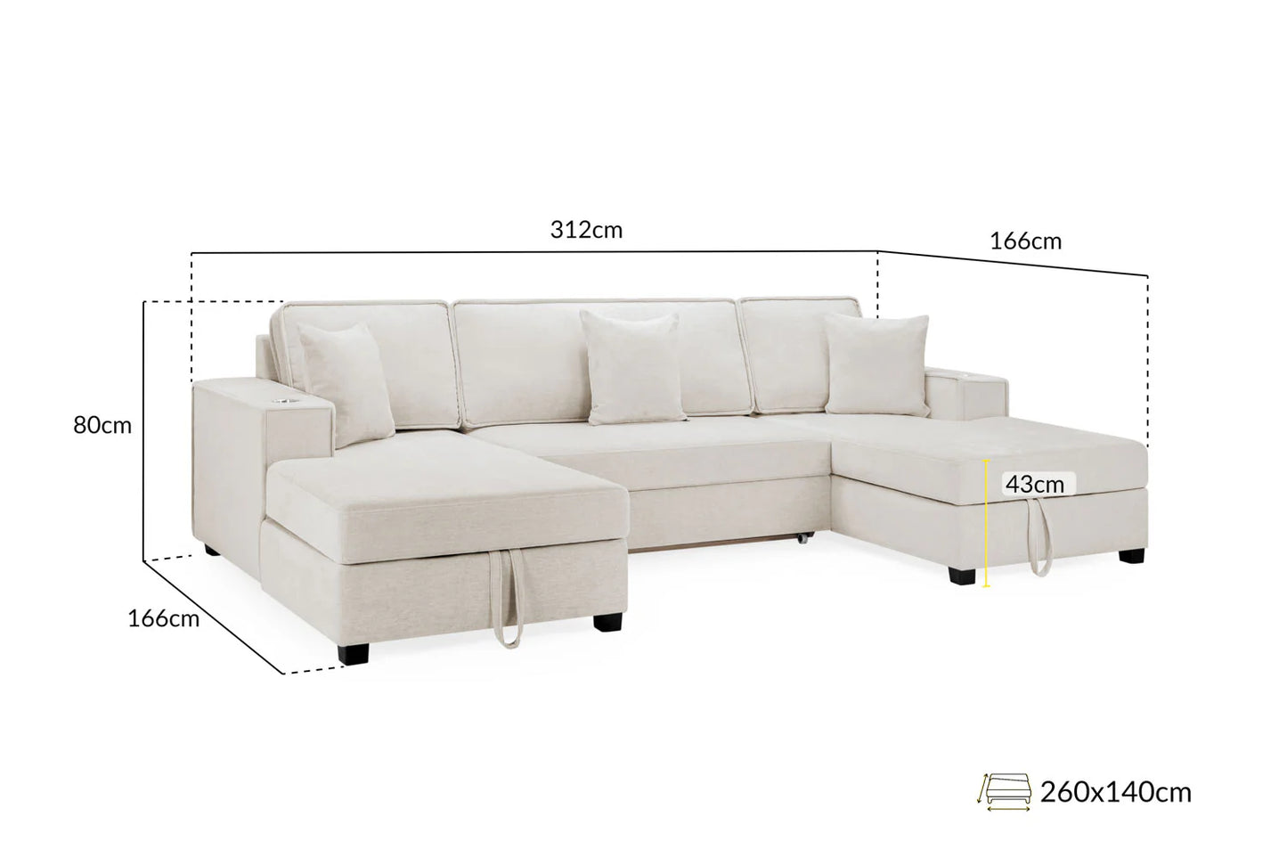 Milan U-Shape Sofa Bed In Plush Beige