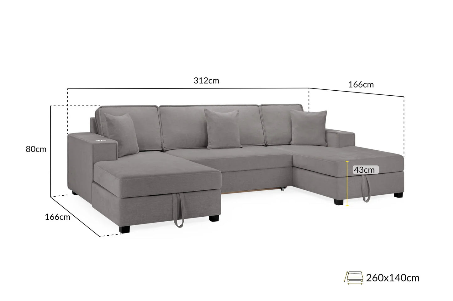 Milan U-Shape Sofa Bed In Plush Grey